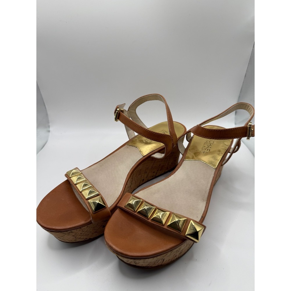 Michael Kors Persia Womens US 7 M Sandals Brown Leather Gold Studded Platform